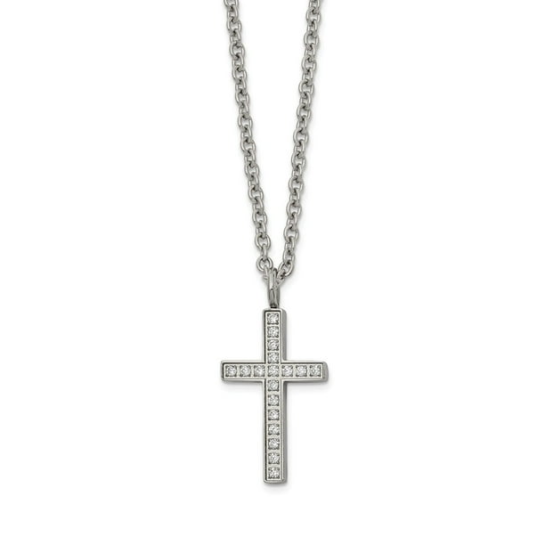 Stainless Steel Polished Round CZ Cubic Zirconia Cross Necklace Chain with Secure Lobster Lock Clasp Stainless Steel Polished Round CZ Cubic Zirconia Cross Necklace Chain with Secure Lobster Lock Clasp